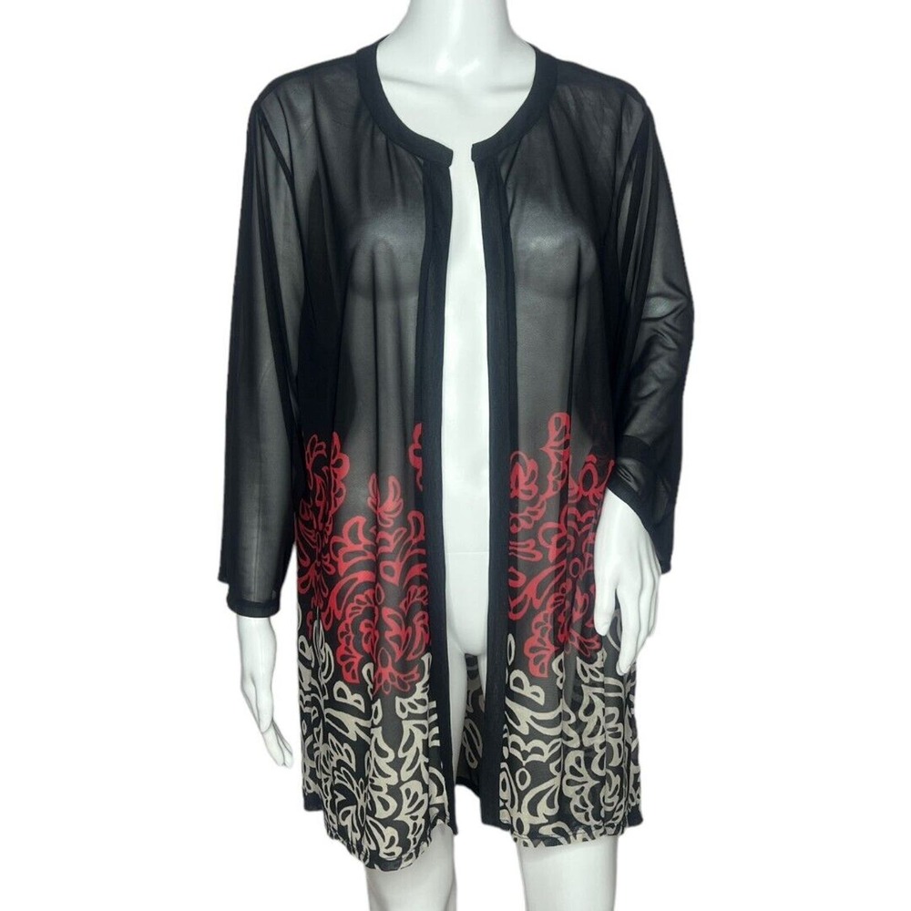 Chicos Jacket Womens XL Black Red Colorblock Scroll Travelers Topper Sheer Tunic